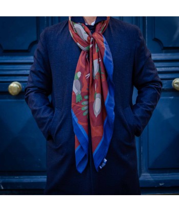 Foulard carré motifs oiseaux rouge et bleu Découvrez la collection