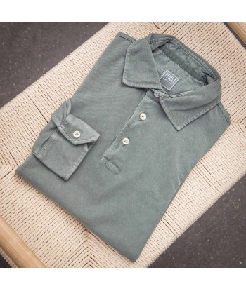 Polo manches longues piqué de coton vert kaki en linge