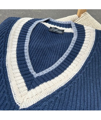 Pull « cricket » emblématique en maille bleu marine et beige français