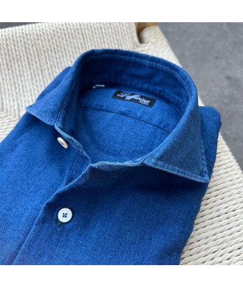 Chemise en denim flanelle bleu moyen col italien en ligne des produits 